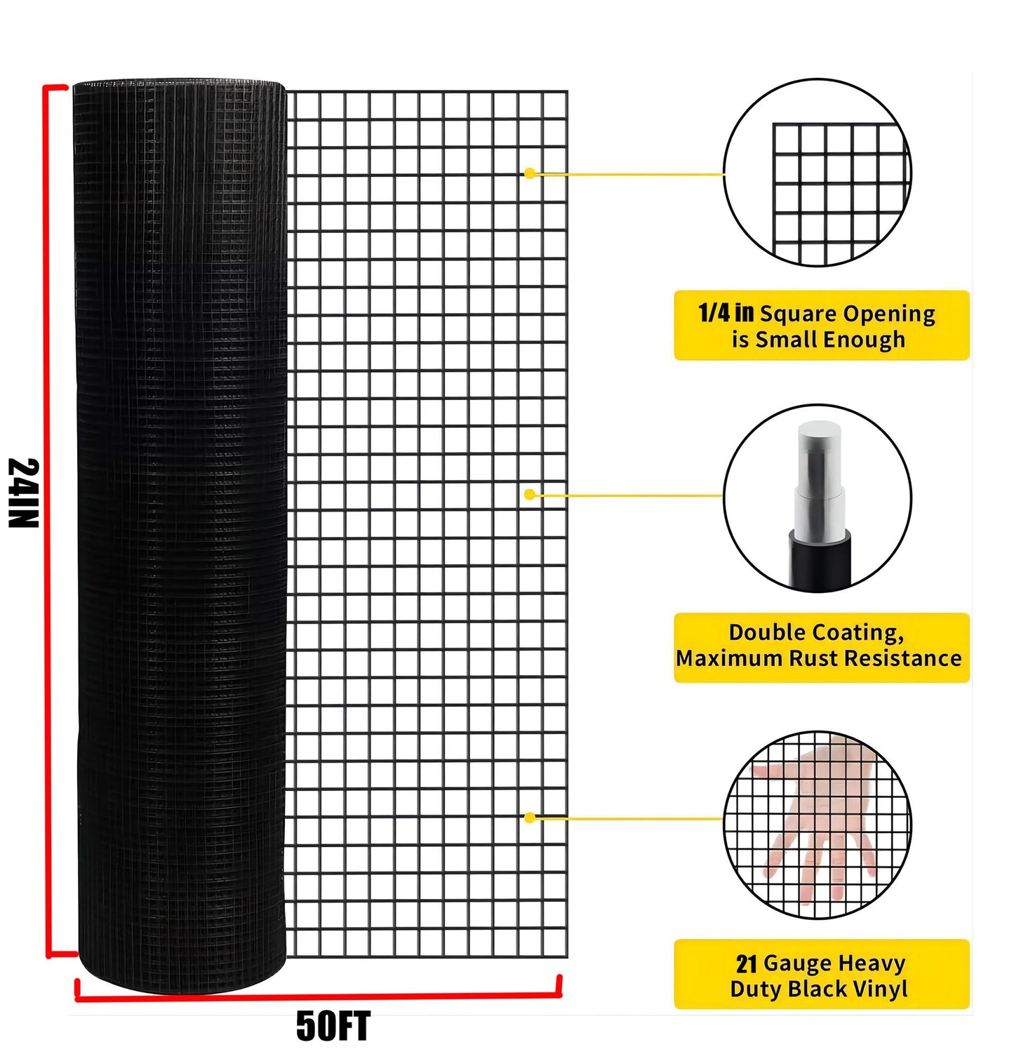 24 inch×50 ft Black Vinyl Coated Hardware Cloth, 21 Gauge 1/4 inch Black PVC Hardware Cloth, Black Welded Wire Fence Sup image 2