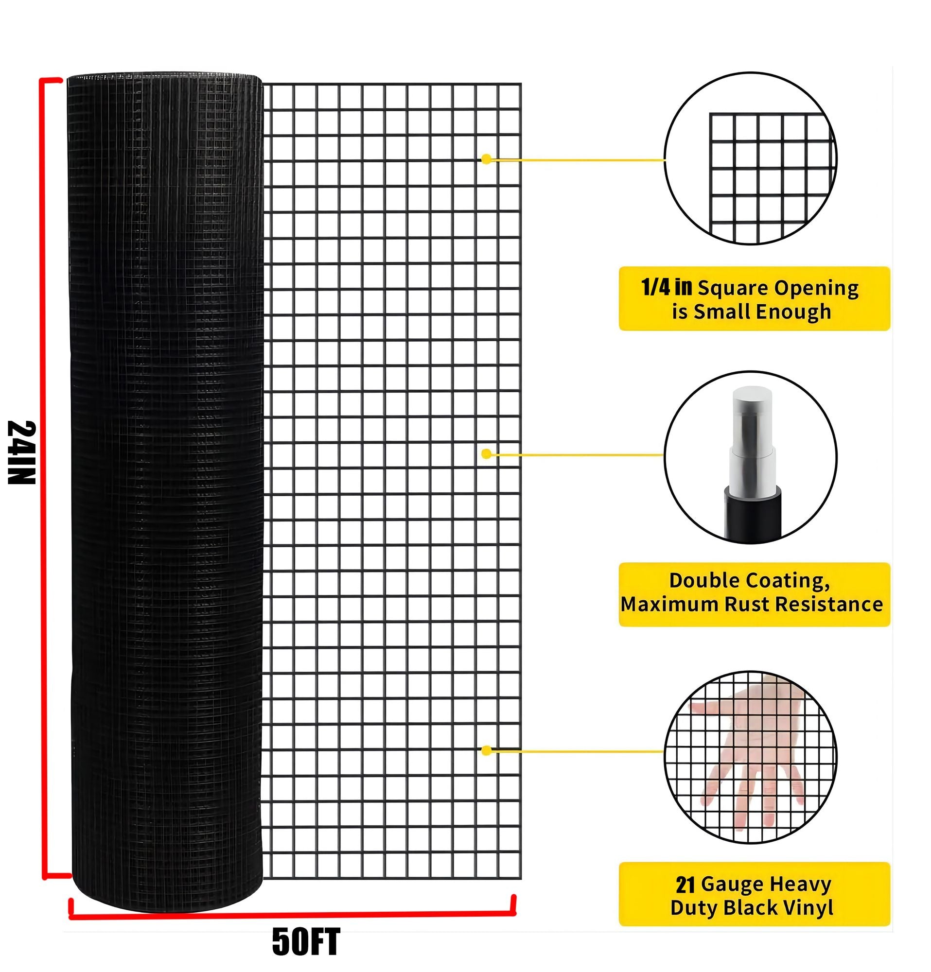 24 inch×50 ft Black Vinyl Coated Hardware Cloth, 21 Gauge 1/4 inch Black PVC Hardware Cloth, Black Welded Wire Fence Sup image 2