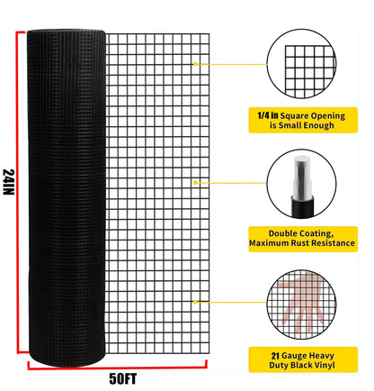 24 inch×50 ft Black Vinyl Coated Hardware Cloth, 21 Gauge 1/4 inch Black PVC Hardware Cloth, Black Welded Wire Fence Sup image 2