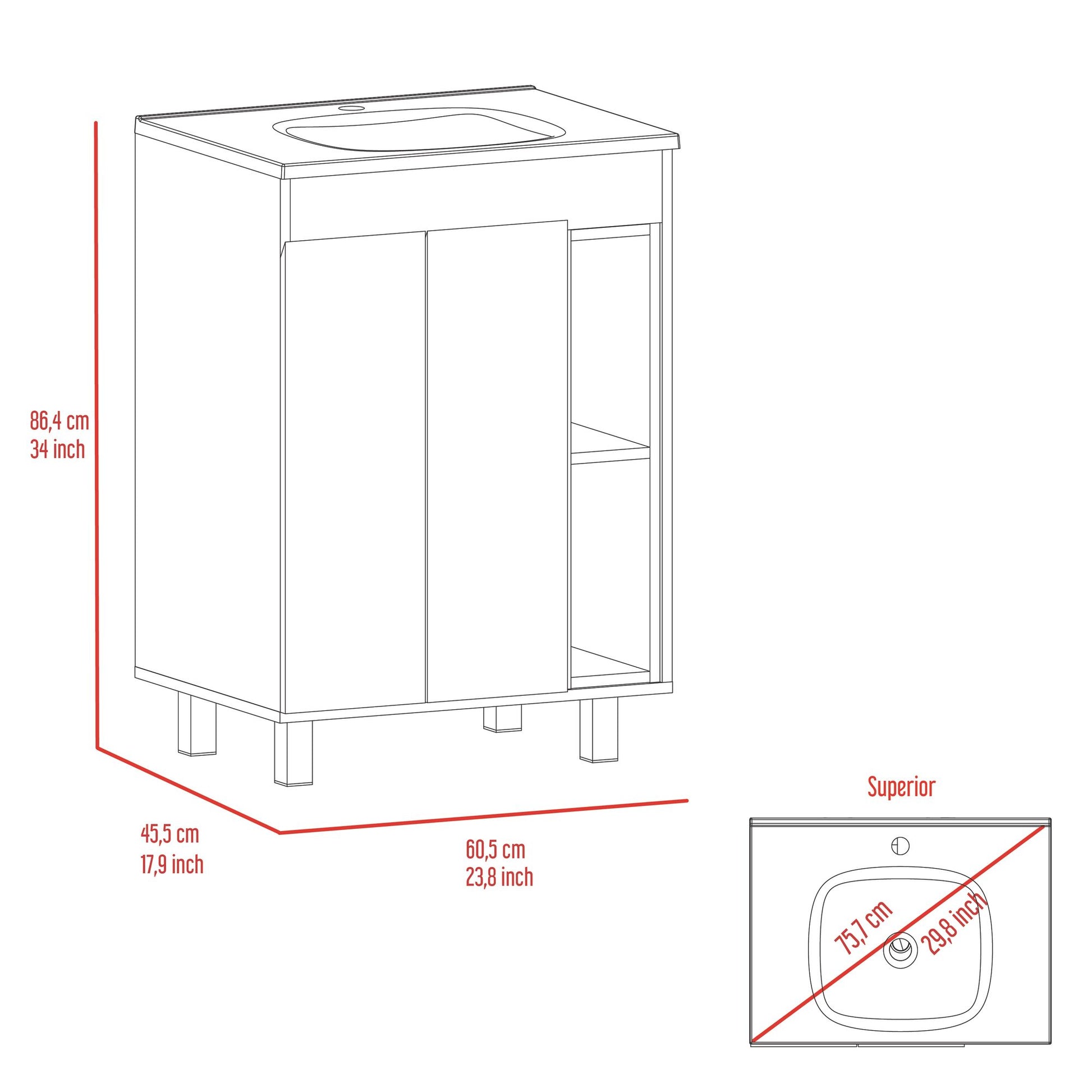 24" Meka Vanity, Two External Shelves, Double Door Cabinet -White image 9