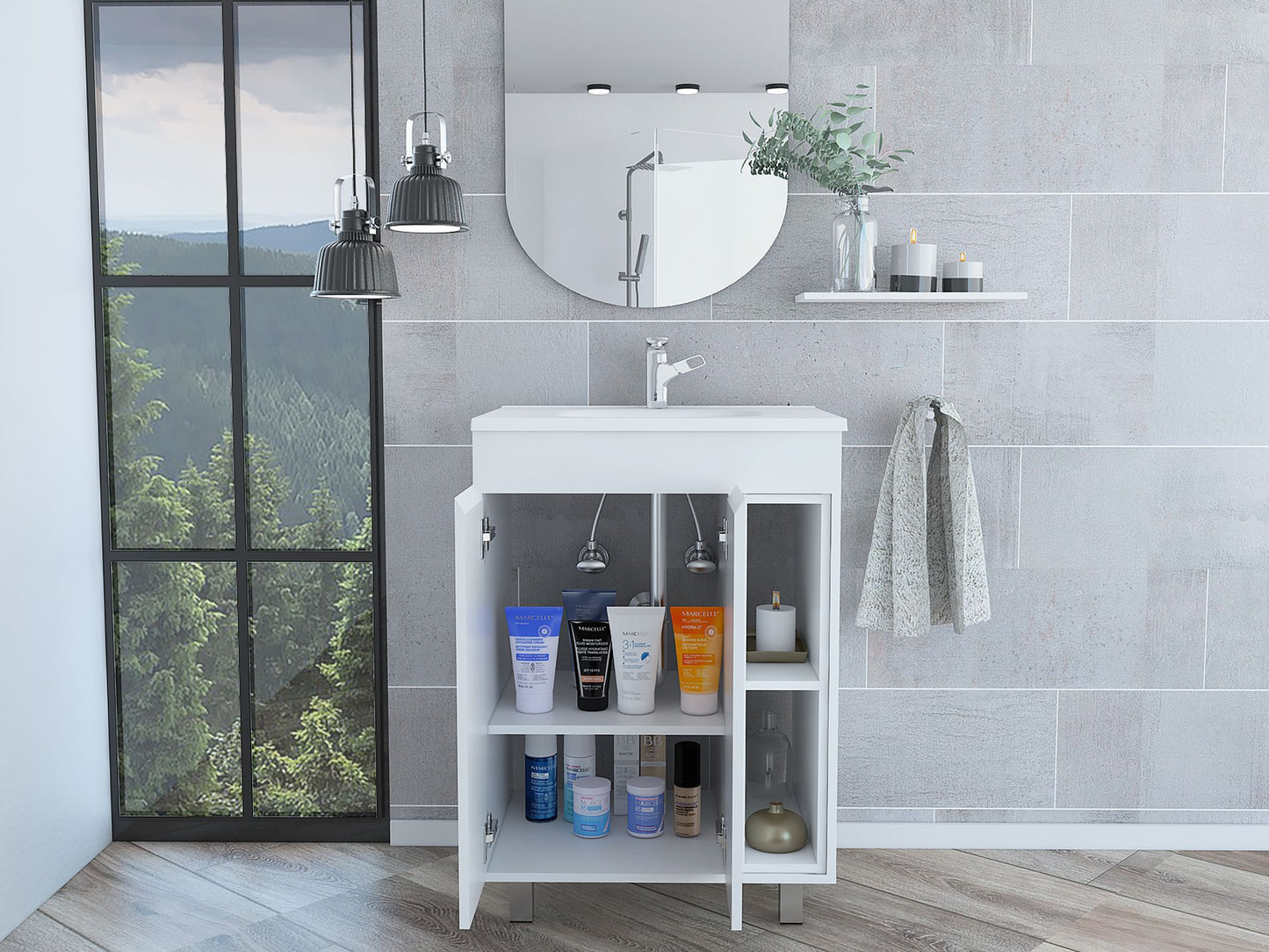 24" Meka Vanity, Two External Shelves, Double Door Cabinet -White image 4