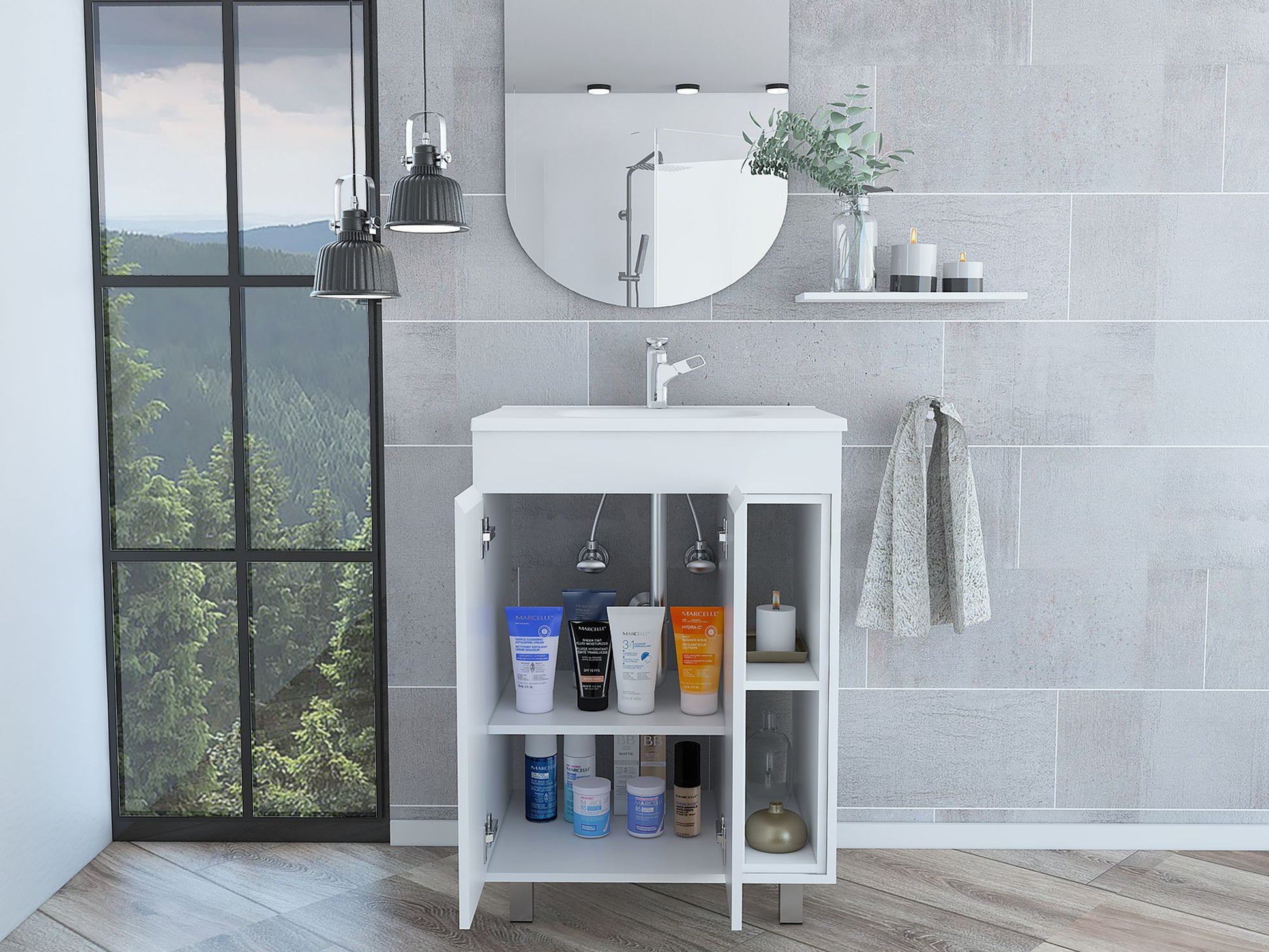 24" Meka Vanity, Two External Shelves, Double Door Cabinet -White image 4