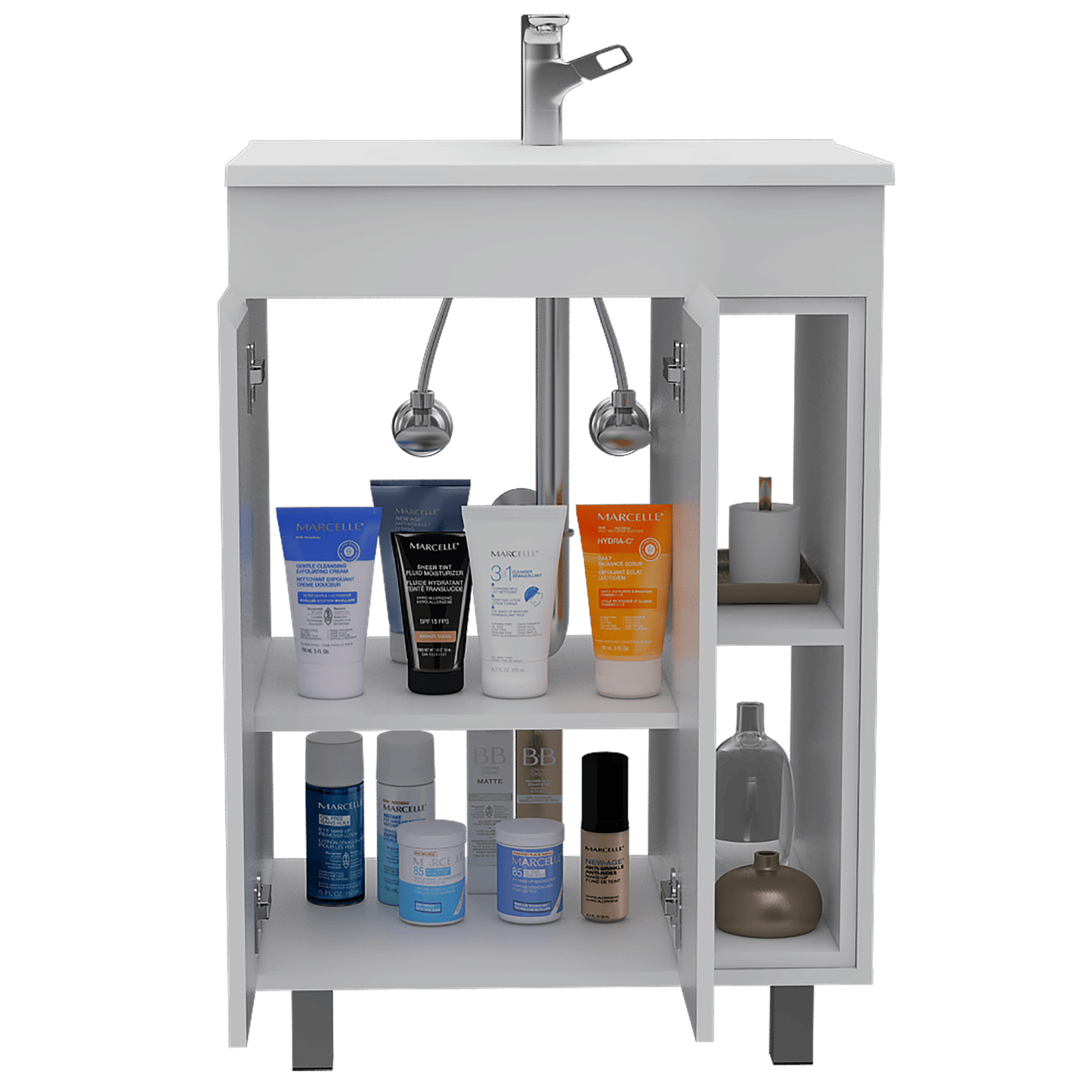 24" Meka Vanity, Two External Shelves, Double Door Cabinet -White image 5
