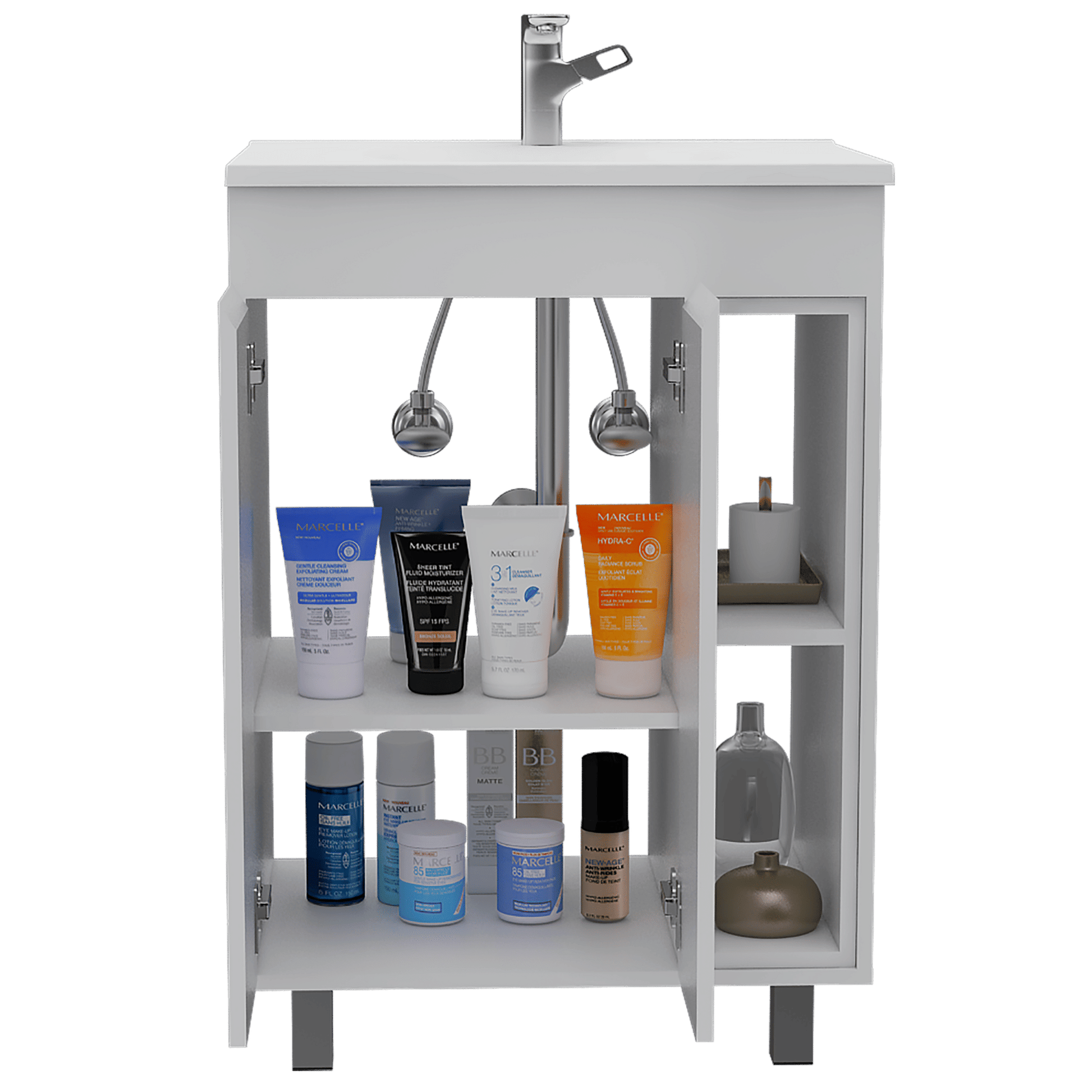 24" Meka Vanity, Two External Shelves, Double Door Cabinet -White image 5