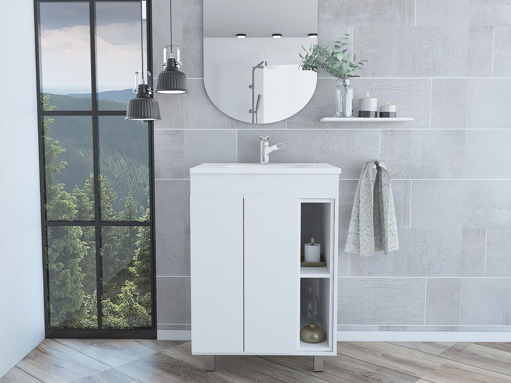 24" Meka Vanity, Two External Shelves, Double Door Cabinet -White image 1