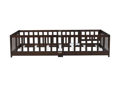 Twin Size Floor Bed with Fence and Door,Rubber Wood Floor Bed with Safety Guardrails,Espresso (Old Sku W504P286375) image 2