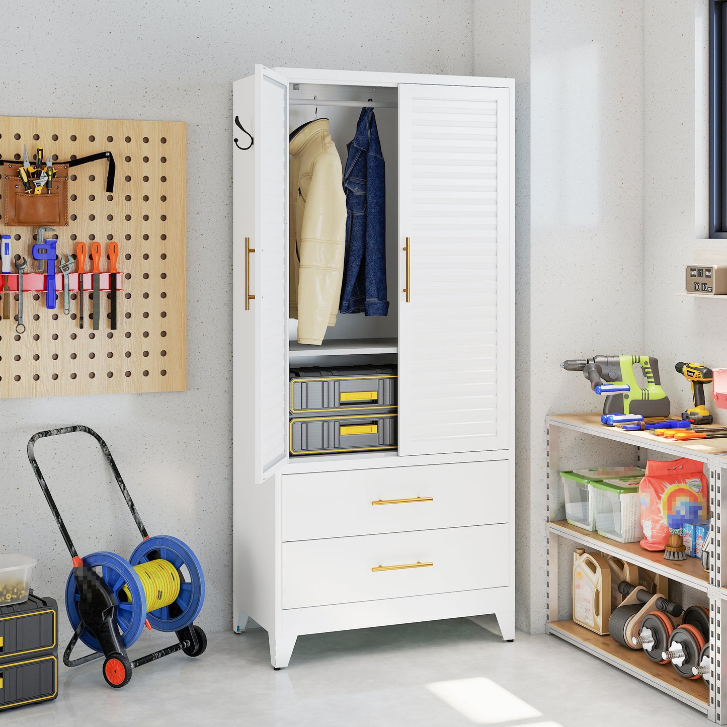 White Metal Wardrobe Closet with 2 Doors and Drawers, 71″ Tall Storage Cabinet for Bedroom, Lightweight Portable Closet for Small Apartments, Dorm, Renters, Cold Rolled Steel, Easy Assembly image 10