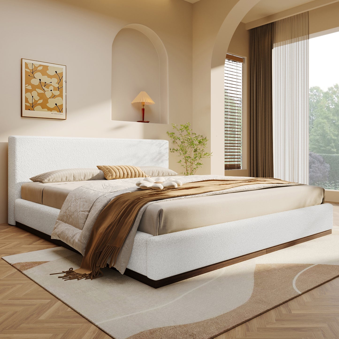 Elegant White Fabric Upholstered Bed With Nice Wood Grain Textured Brown Solid Wood Base Frame,White,Queen image 11