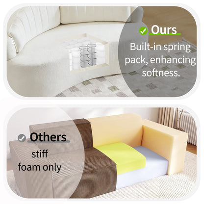 Curved two-seater fully compressed sofa, long-term sitting without collapse, removable backrest, white chenille fabric, simple, retro style, suitable for small spaces and apartments image 11