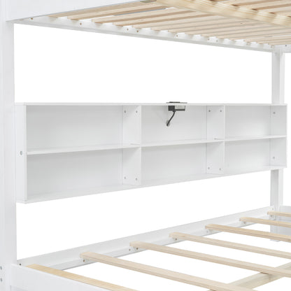 Queen over Queen Bunk Bed with Storage Cabinets and USB Ports, White image 11