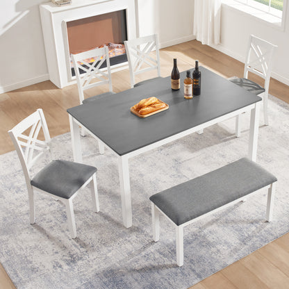 6 Piece Kitchen Dining Set, Rectangular Wooden Dining Table with 4 Upholstered Chairs and a Bench, Dining Table Set for 6 People, Living Room and Kitchen, Grey & White two tone image 2