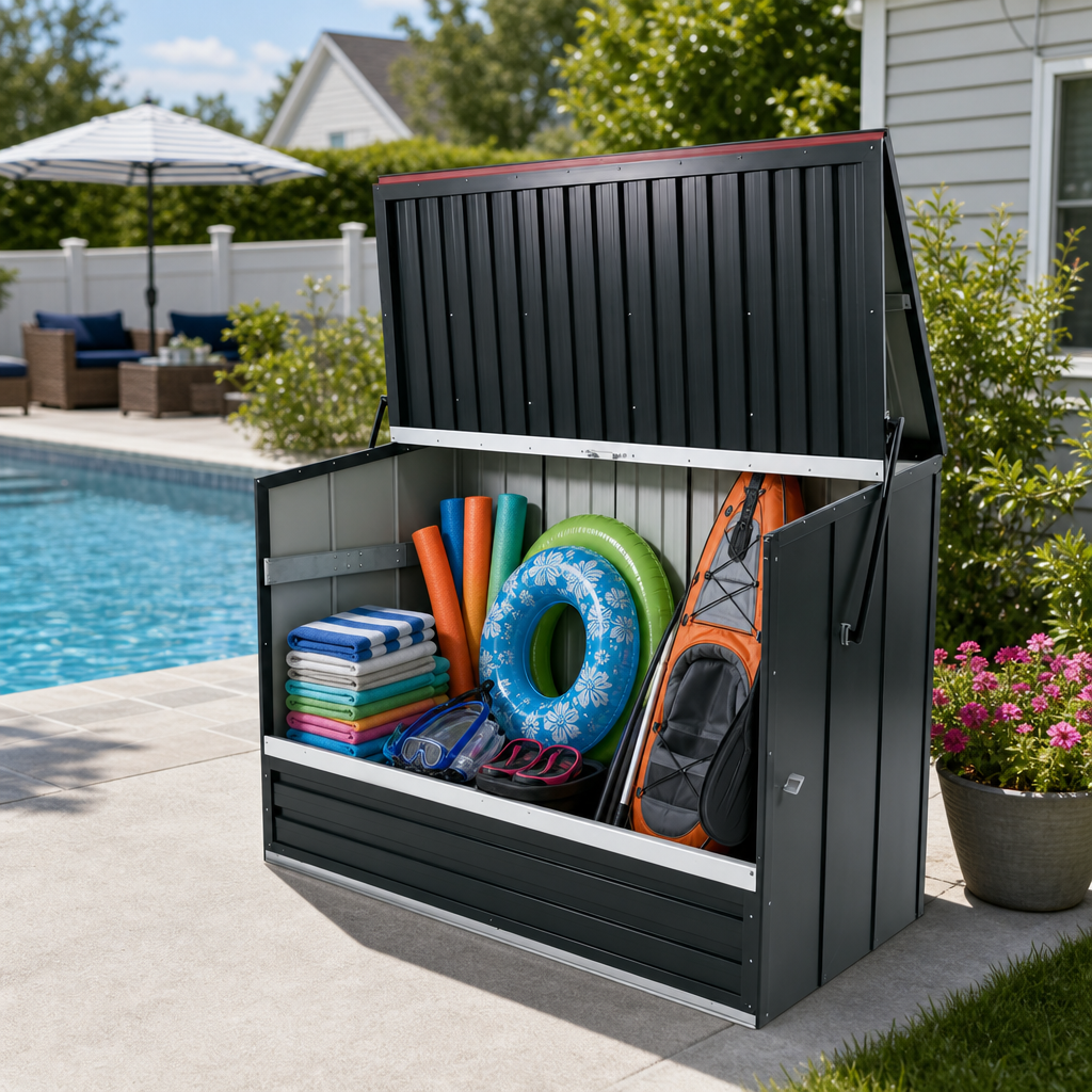 Outdoor Galvanized Steel Storage Shed with Flip Top & Foldable Front Door, Large Capacity Metal Tool Cabinet for Indoor & Backyard Storage 594.39 US Gal 2.25m³ image 7