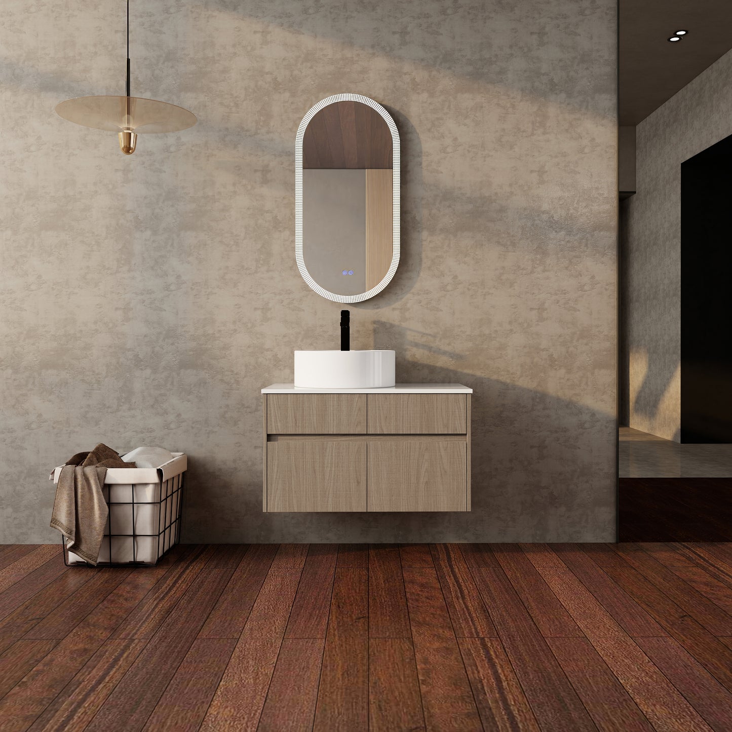 32 Inch Wall-Mounted Bathroom Vanity with Ceramic Art Basin, and PVC Flat Panel, 2-Soft Close Doors and 1-Drawer, KD-Packing, Particle Board image 11