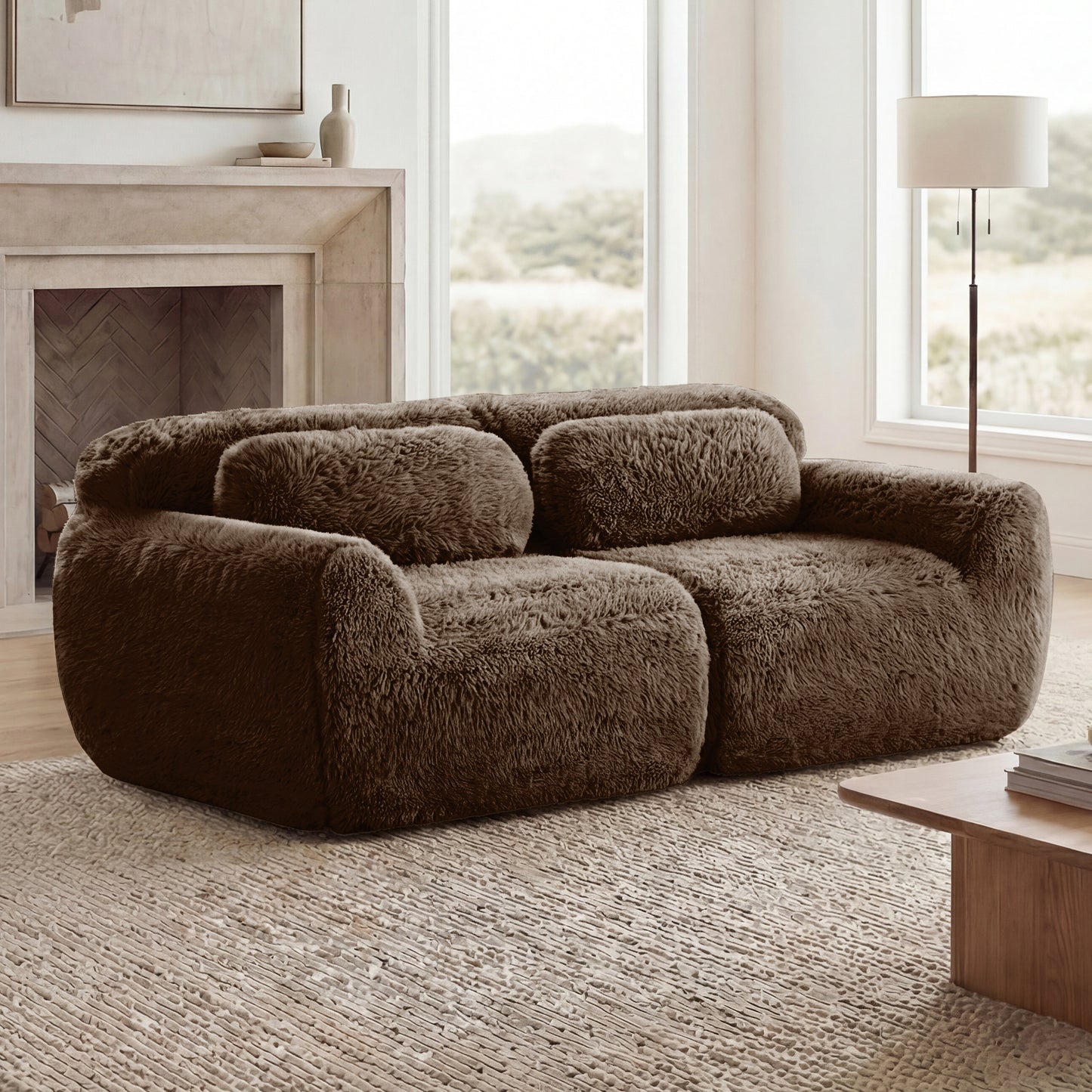 2-seater Modular Sectional Sofa Couches,Soft Fluffy Plush Fabric Bottom Anti-Slip Design,32D High Density Sponge,No Assembly Required Ergonomic Design,With Throw Pillows Fits Living Rooms,Chocolate image 3