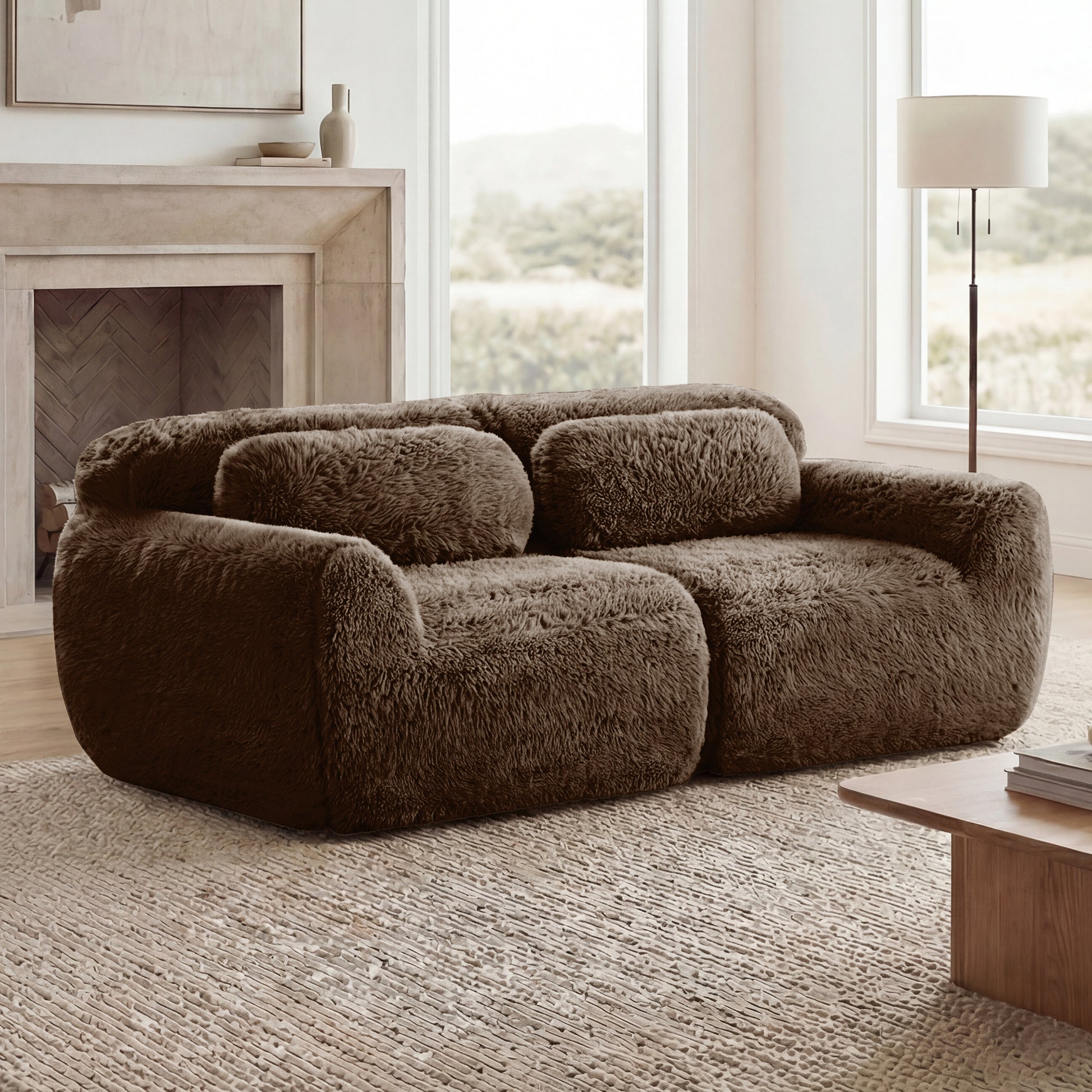 2-seater Modular Sectional Sofa Couches,Soft Fluffy Plush Fabric Bottom Anti-Slip Design,32D High Density Sponge,No Assembly Required Ergonomic Design,With Throw Pillows Fits Living Rooms,Chocolate image 3