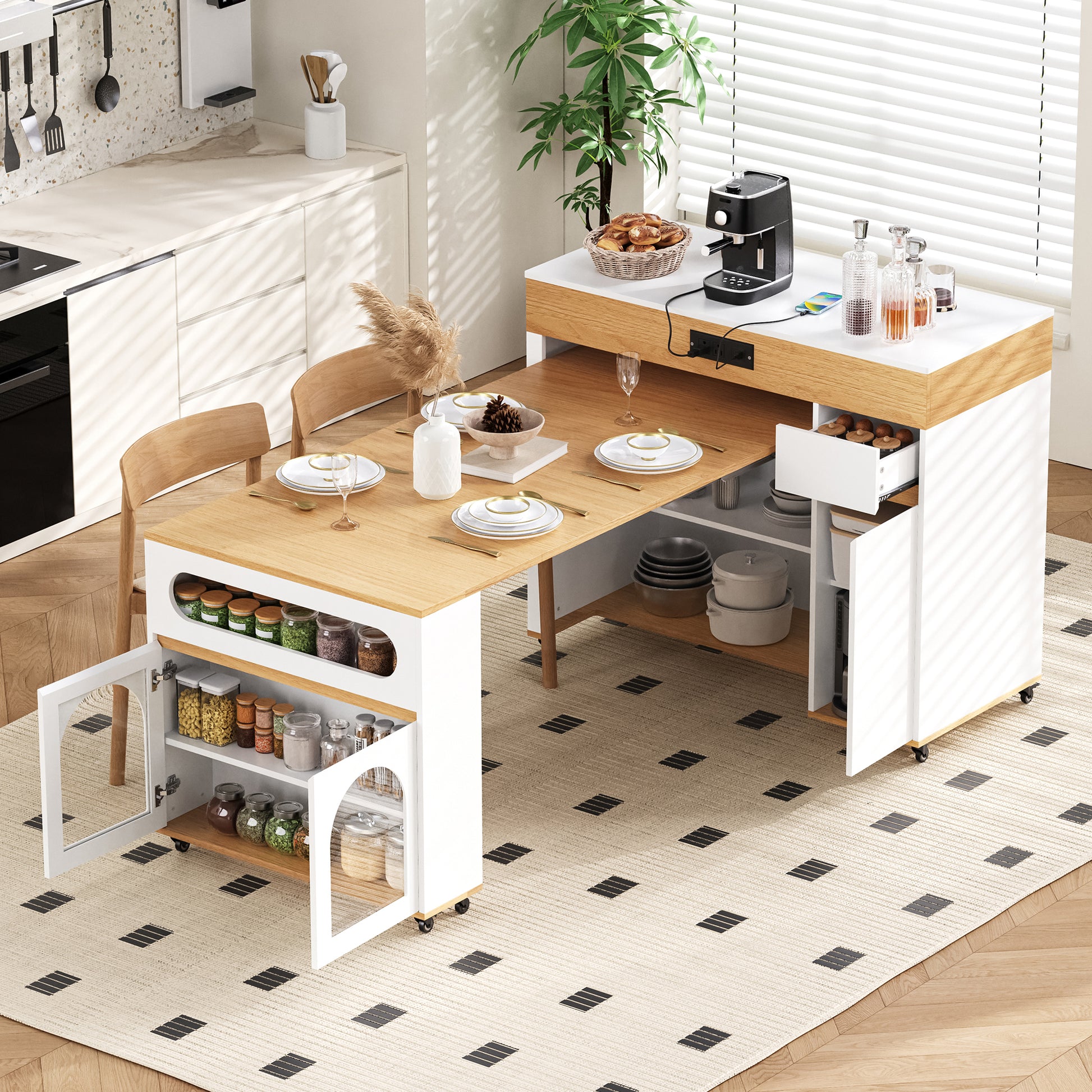TREXM Extendable Dining Table with Extra-Long Folding Top, Rolling Kitchen Island with Drawers, Power Outlet and Brake lock, Storage Cabinet for Kitchen and Dining Room (Natural + Creamy White) image 1