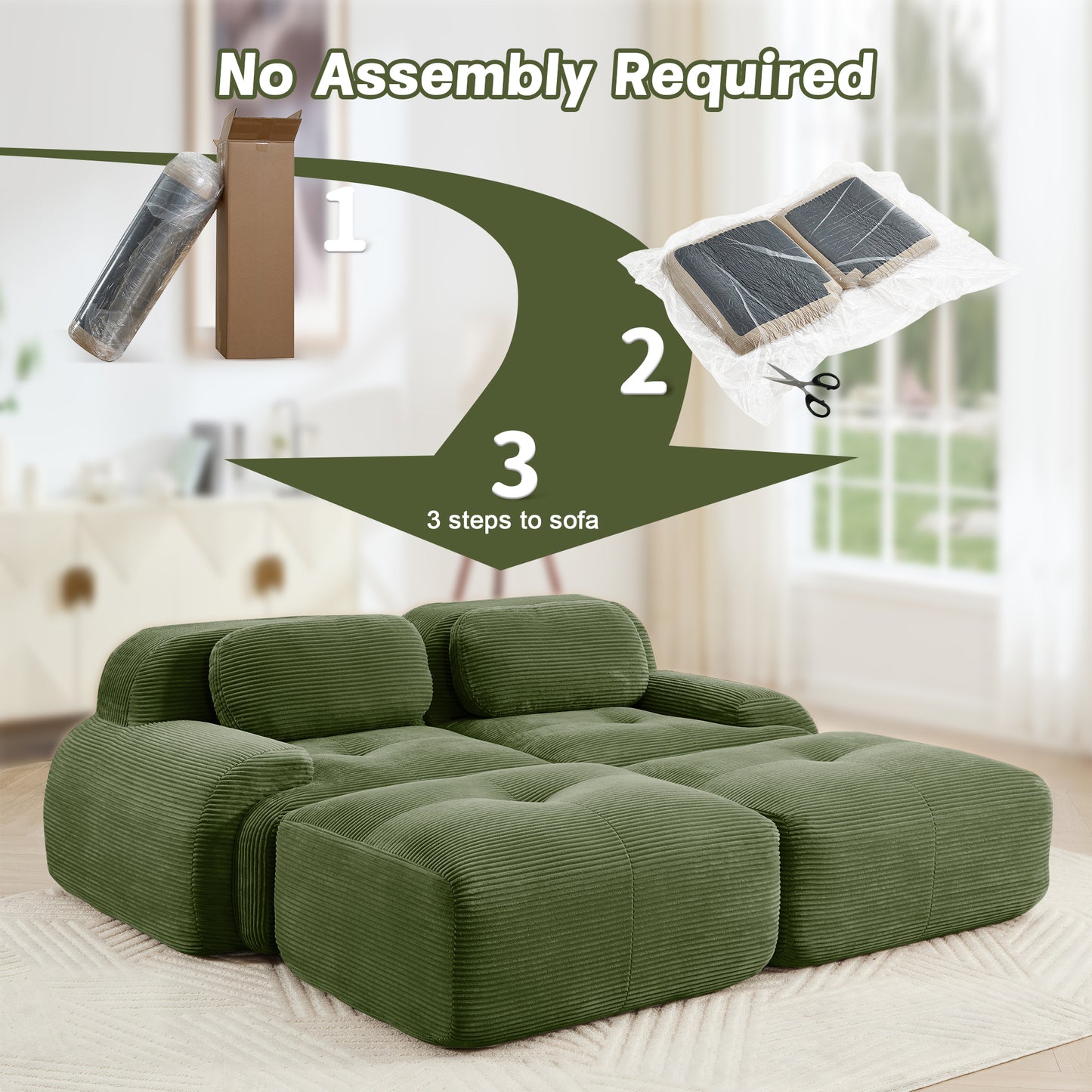 2-seat sofa in luxuryCorduroy Fabric fabric modular multi-combination anti-slip design assembly chaise lounge curved armrests ergonomic support high-resilience sponge living rooms bedrooms,Olive green image 11