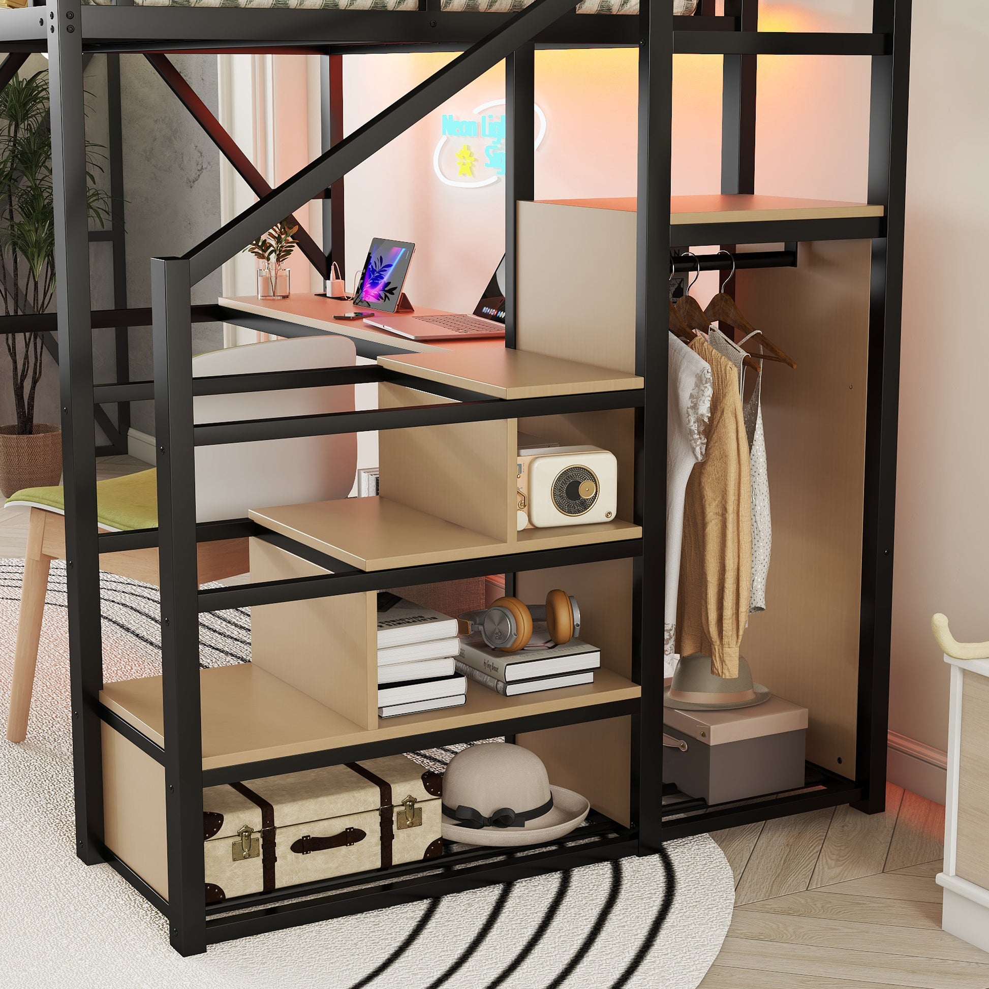 Full Loft Bed with Desk and Charging Station, Full Size Metal Loft Bed with Stairs and Light for Kids Teens, Black, Patent Products image 5