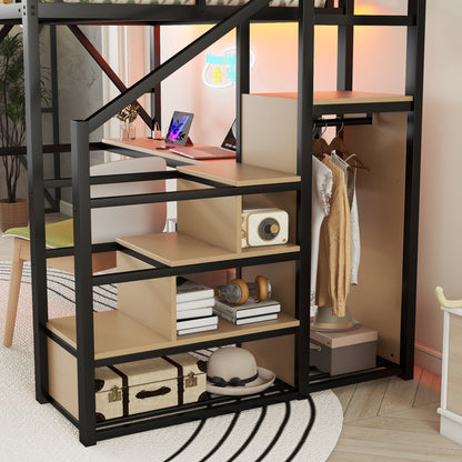 Full Loft Bed with Desk and Charging Station, Full Size Metal Loft Bed with Stairs and Light for Kids Teens, Black, Patent Products image 5