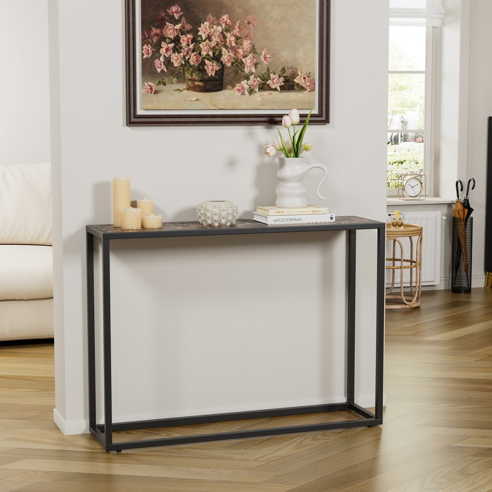 Narrow console table, high-end edge wrapped foyer table, entrance, industrial corridor table, living room, foyer, rural brown and black image 2