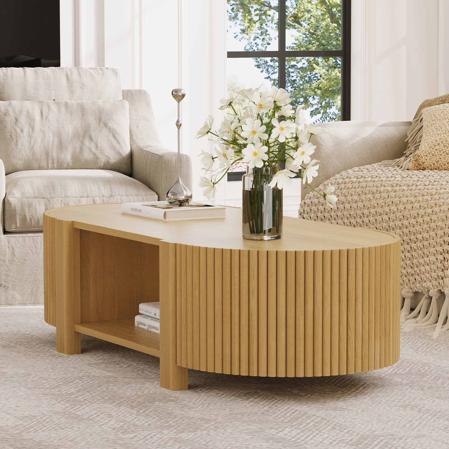 Oval Fluted Coffee Table with Storage for Living Room, Rubber Solid Wood, 1 shelf & 2 Open Storage Doors, Natural, 47" image 3