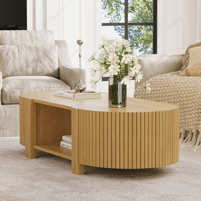 Oval Fluted Coffee Table with Storage for Living Room, Rubber Solid Wood, 1 shelf & 2 Open Storage Doors, Natural, 47" image 3