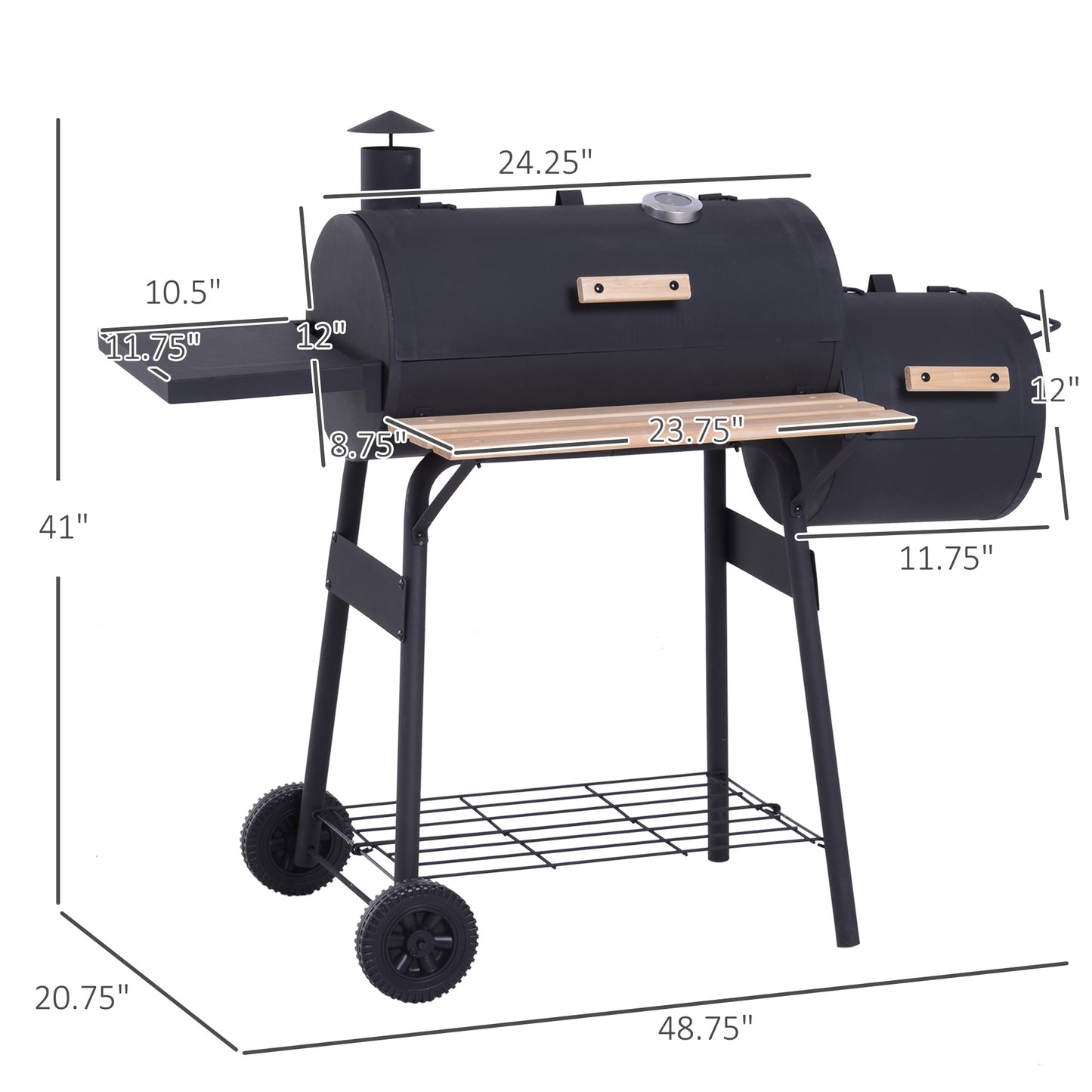 Outsunny 48" Steel Portable Backyard Charcoal BBQ Grill and Offset Smoker Combo with Wheels image 3