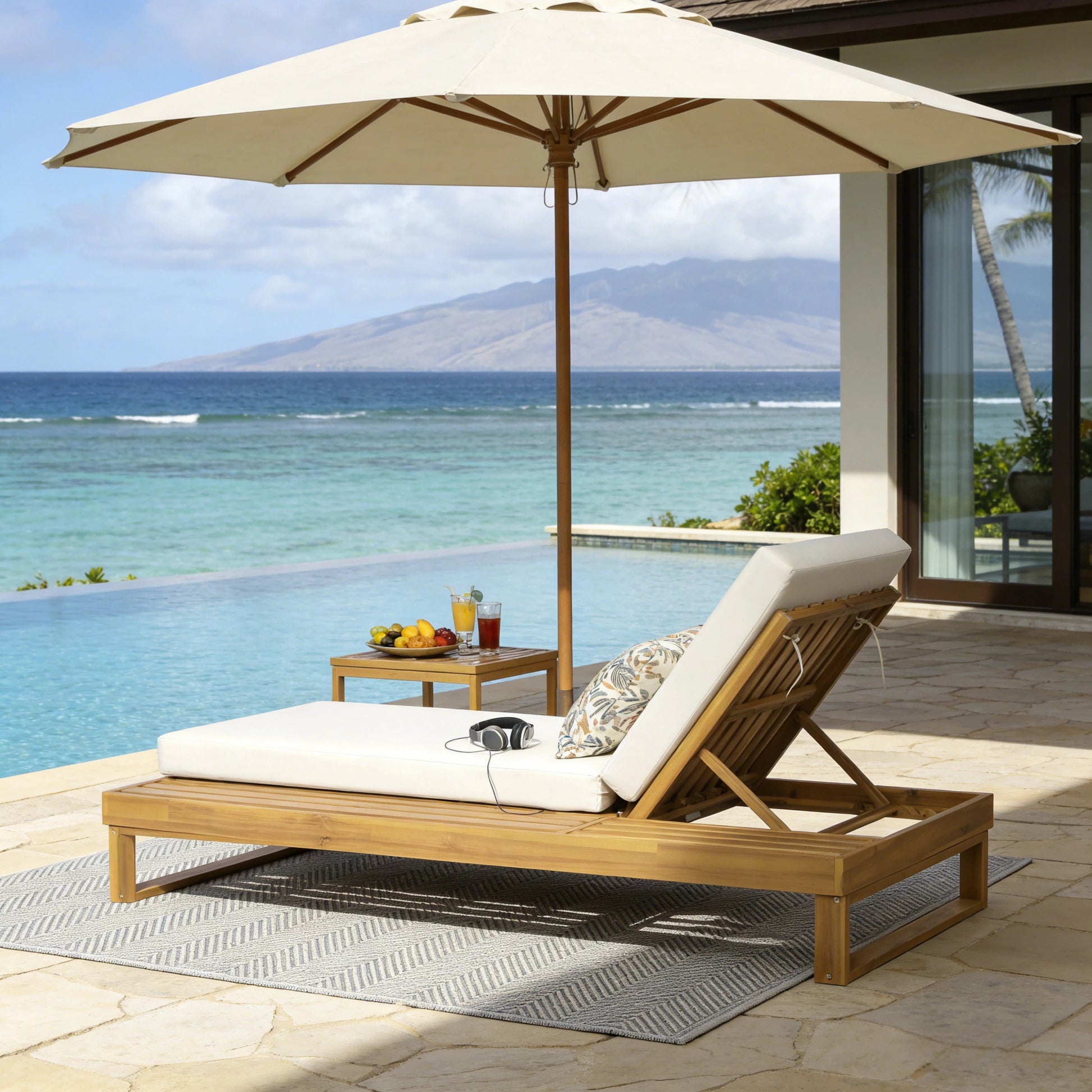 Teak Finish Acacia Wood Chaise Lounge with 4-Inch Cream 2-Fold Cushion Set, 4-Position Adjustable Outdoor Patio Lounger with Flat Side Surface, for Poolside - Matching dark grey version available image 6
