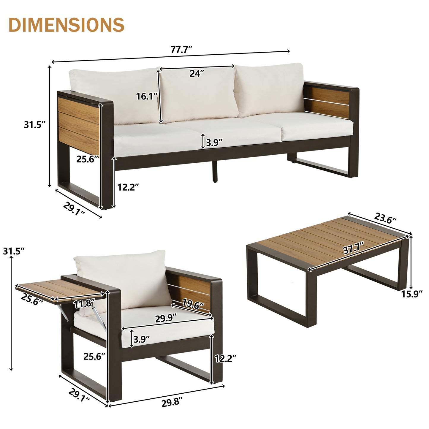 Aluminum Frame Large 4-Piece Outdoor Patio Furniture Set for 5 Person, 3-Seater Sofa, 2 Armchairs with Fold-Out Side Tables, Modern Garden/Patio Seating, All-Weather Use, Beige Cushions image 9