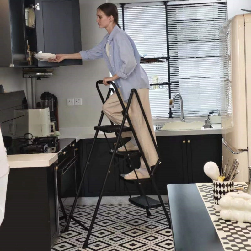 Four step ladder, lightweight folding four step stool, wide anti slip pedal and safety handle, sturdy steel ladder, multi-purpose step ladder, suitable for home, kitchen, and office elevators image 3