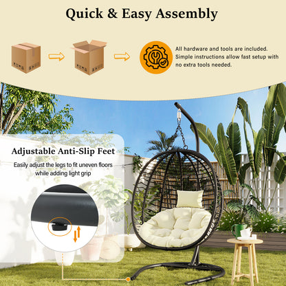 U_Style Single Person Folding Egg Chair with Stand, Hanging Egg Chair Indoor Outdoor, Wicker Hammock Swing Chair with Adjustable Anti-Slip Feet,Suitable for Balcony, Bedroom,Garden image 7