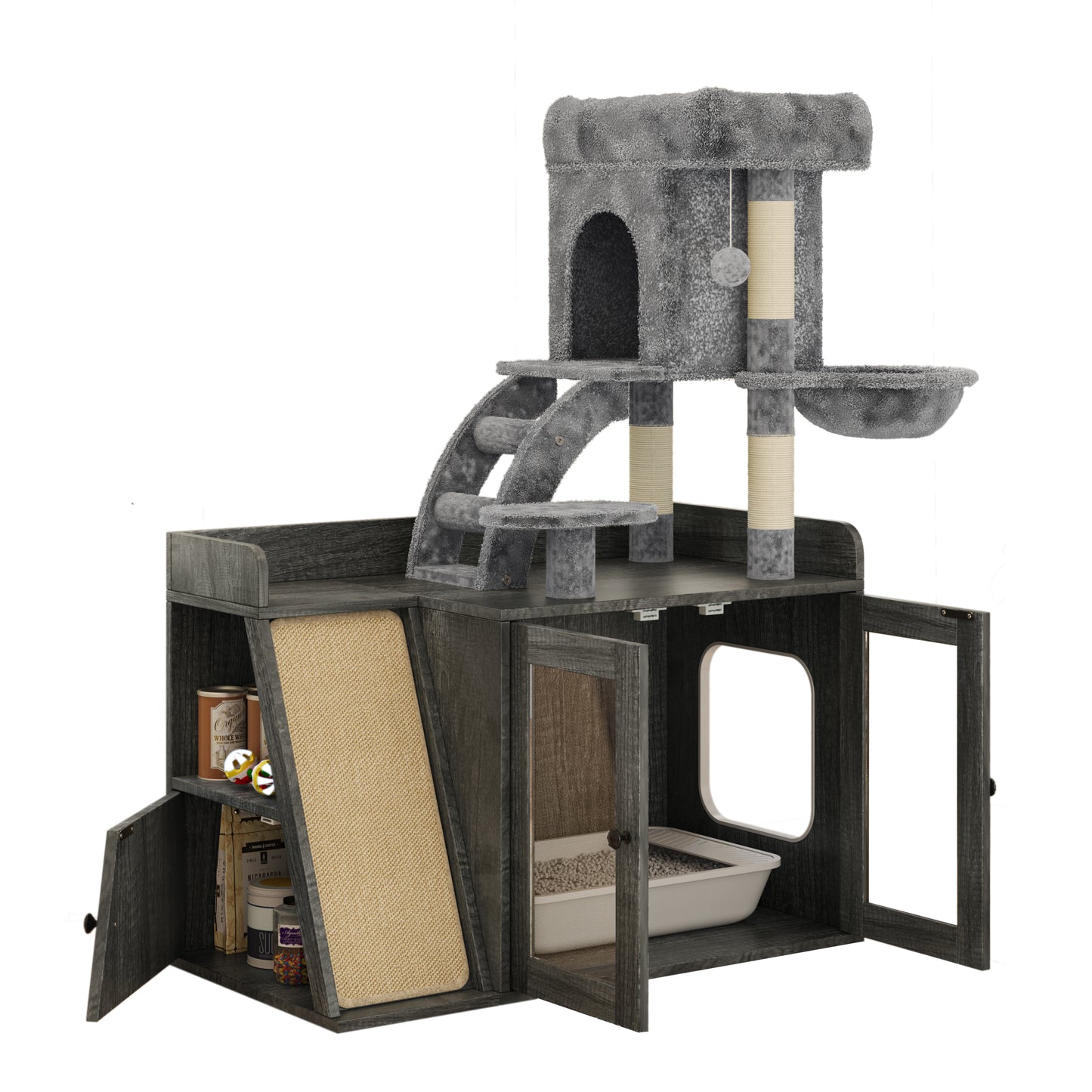 Litter Box Enclosure with Cat Tree, Hidden Litter Box with LED Light, Sisal Scratching Board and Storage Space, Modular Litter Box Furniture with Condo and Platform, All-in-one Cat Tower,Grey image 11