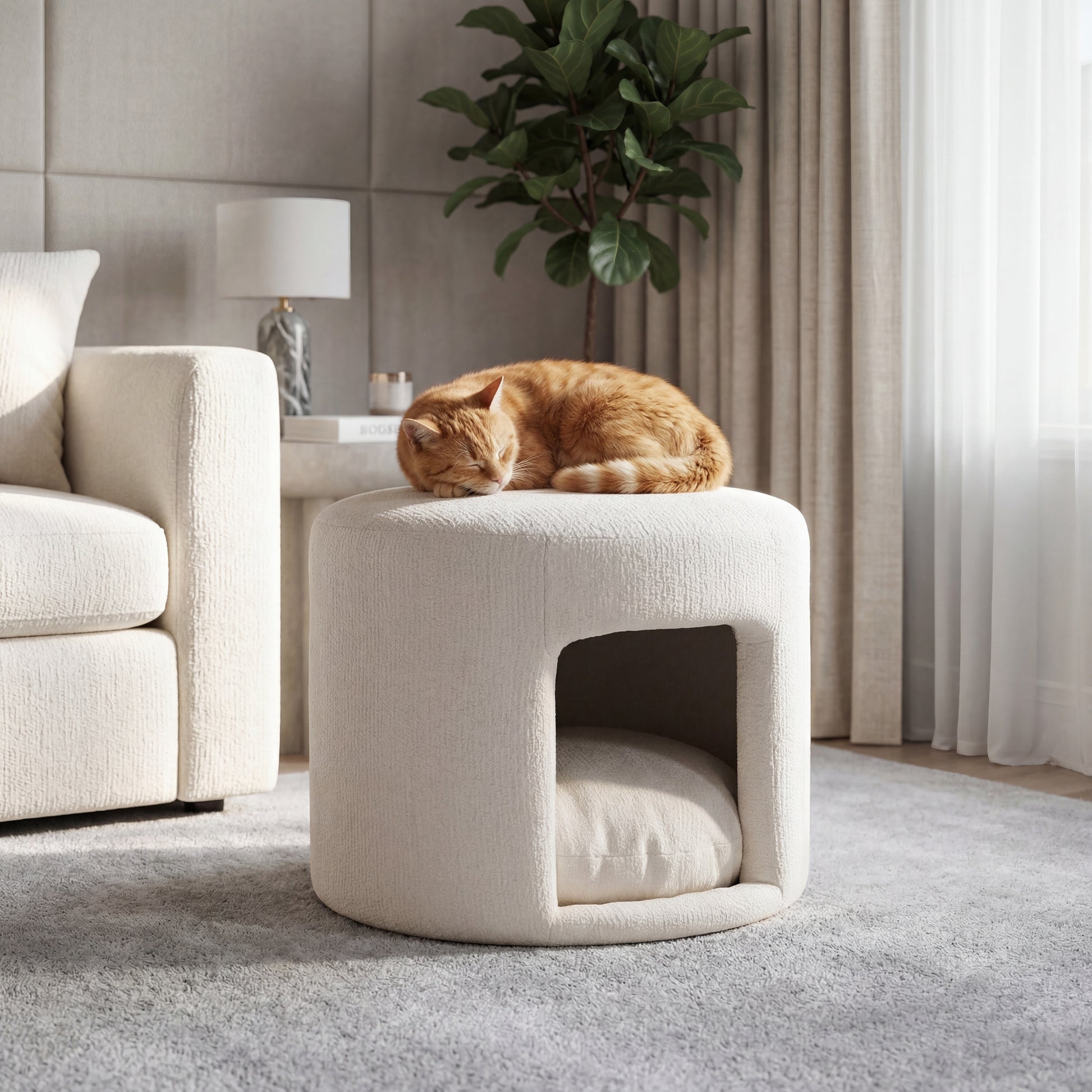 Beige Pet Friendly Ottoman with Removable Pet Cushion, Hidden Pet Nook, Acacia Wood Legs, 220lbs Capacity, Upholstered Footrest Stool for Living Room image 3