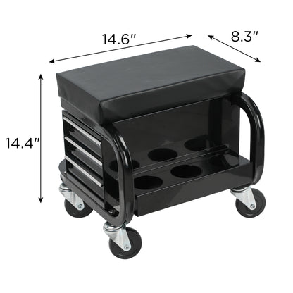 Rolling Creeper Garage/Shop Seat with Three Built-in Drawers, Rolling Tool Chest,Black image 3
