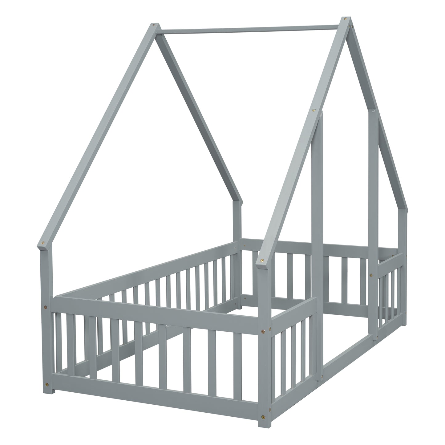 Twin Wood House-Shaped Floor Bed with Fence, Guardrails,Grey image 5