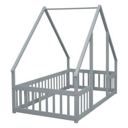 Twin Wood House-Shaped Floor Bed with Fence, Guardrails,Grey image 5
