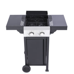 2-Burner Propane Gas BBQ Grill, Pizza Box, 24600BTU Output With Wire Enamel Cooking Grids For Outdoor Barbecue, Foldable Side Table, Hanging Basket, Stainless Steel