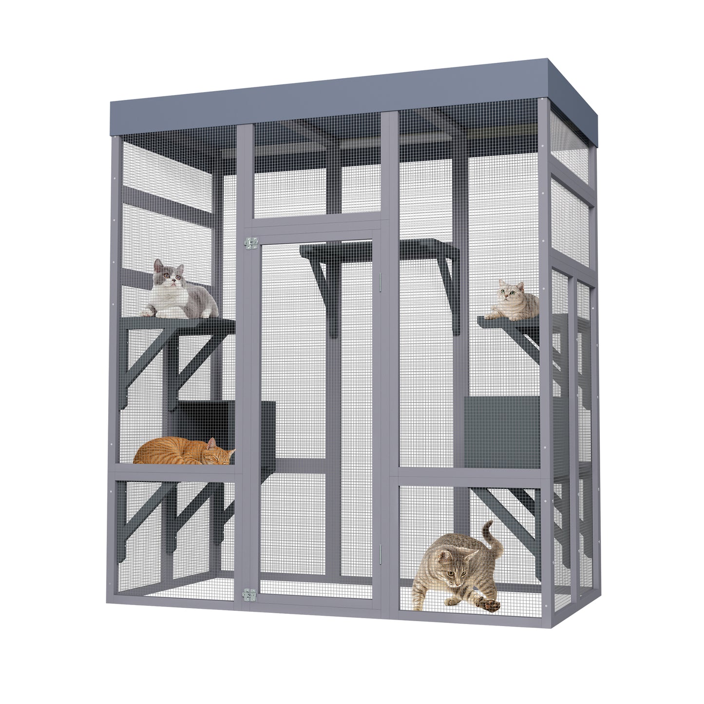 62.6" Wooden Outdoor Catio for Cats, Large Cat Enclosure with Waterproof Roof, 2 Napping House, Platforms & Galvanized Wire – Pet Cage for Backyard or Patio image 6