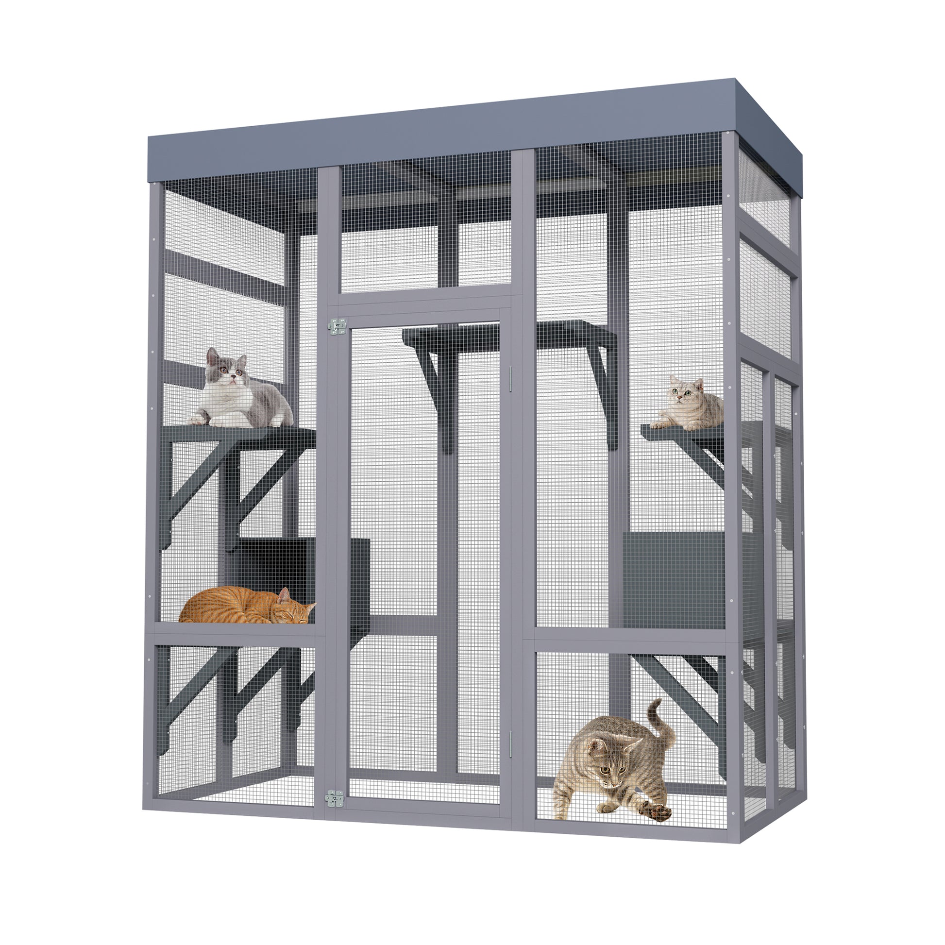 62.6" Wooden Outdoor Catio for Cats, Large Cat Enclosure with Waterproof Roof, 2 Napping House, Platforms & Galvanized Wire – Pet Cage for Backyard or Patio image 6