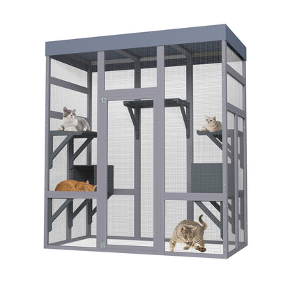 62.6" Wooden Outdoor Catio for Cats, Large Cat Enclosure with Waterproof Roof, 2 Napping House, Platforms & Galvanized Wire – Pet Cage for Backyard or Patio image 6