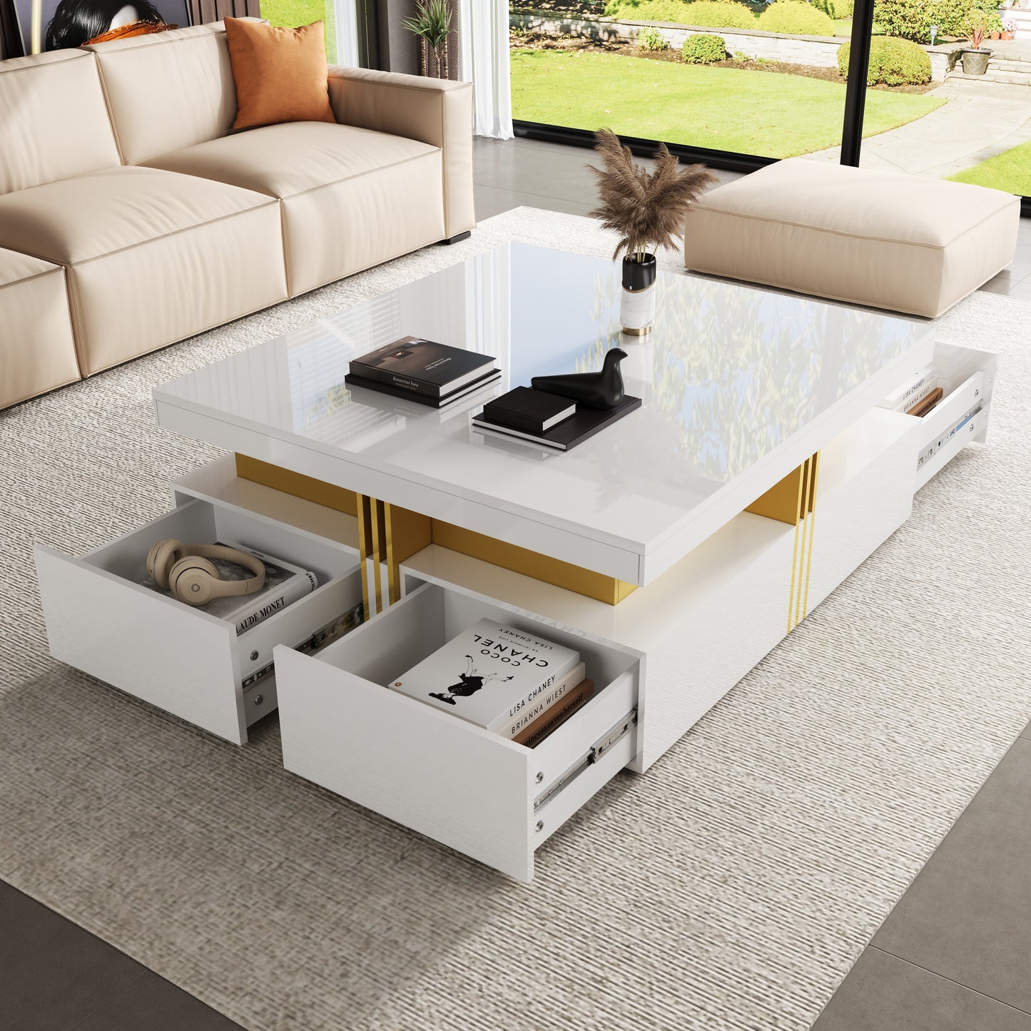 Modern Glossy Square Storage Coffee Table with 4 Drawers, 43.3", White image 3