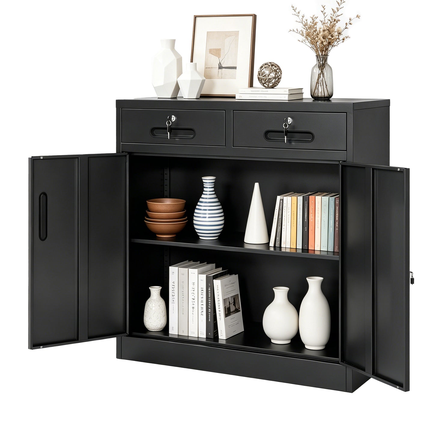 Metal Storage Cabinet with Lock and Two Drawers, 2-Door Office Storage Cabinet with 1 Adjustable Shelves, Heavy Duty Steel File Cabinet for Home, Office, Garage, School (Black, 35.5"H) image 11