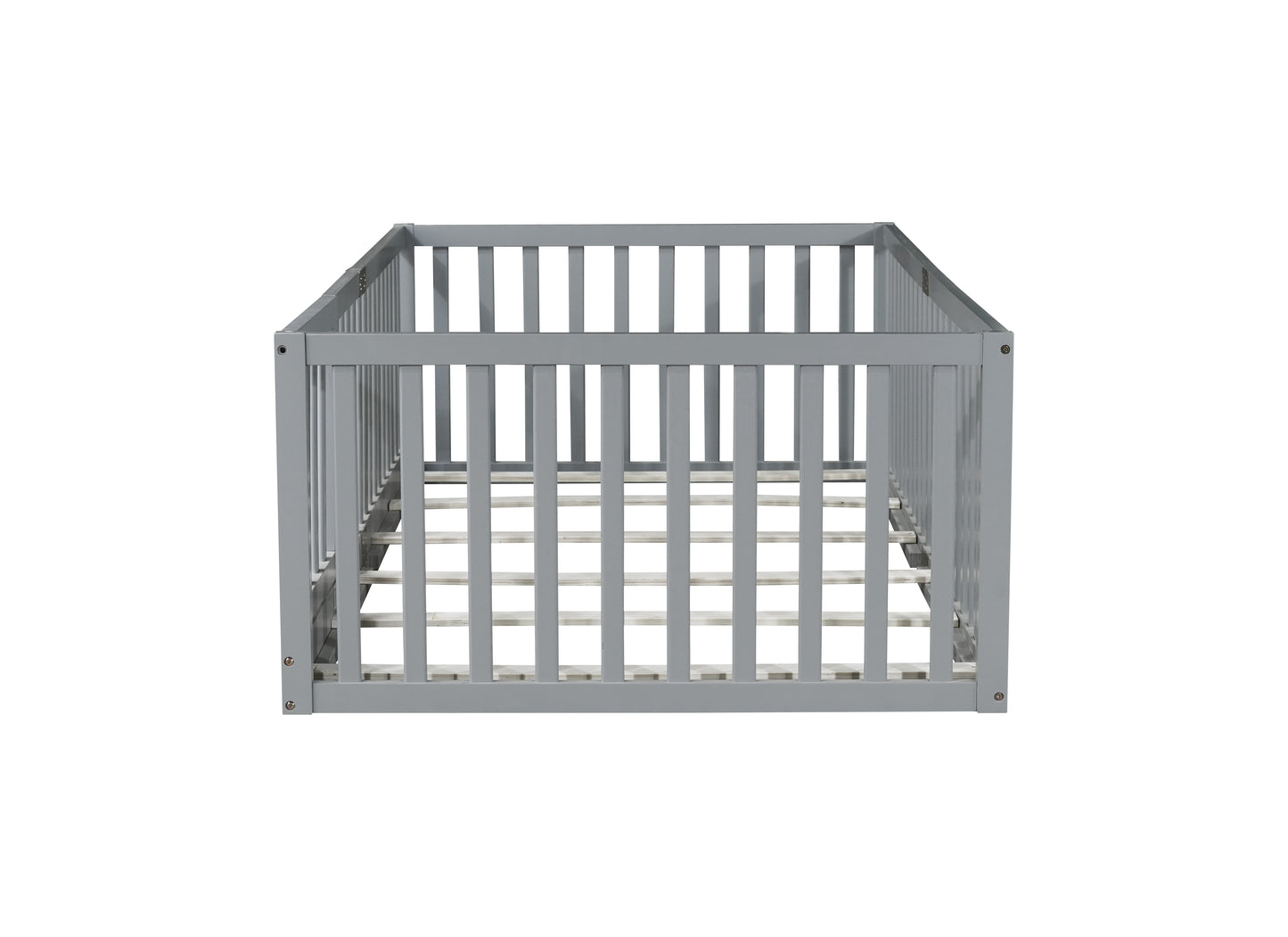 Twin Size Floor Bed with High Fence Railings, with Door, Rubber Wood Floor Bed with Safety Guardrails,Grey image 12