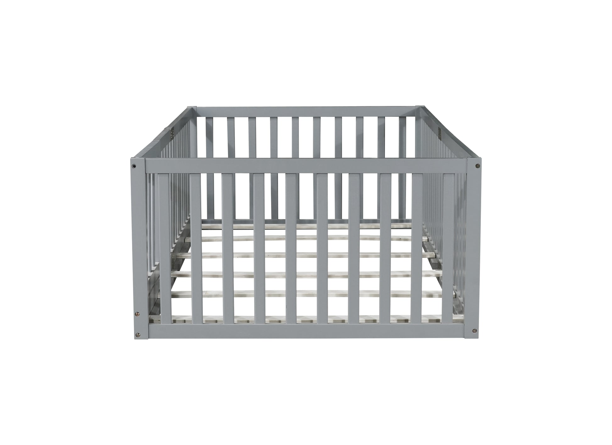 Twin Size Floor Bed with High Fence Railings, with Door, Rubber Wood Floor Bed with Safety Guardrails,Grey image 12