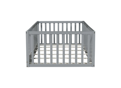 Twin Size Floor Bed with High Fence Railings, with Door, Rubber Wood Floor Bed with Safety Guardrails,Grey image 12