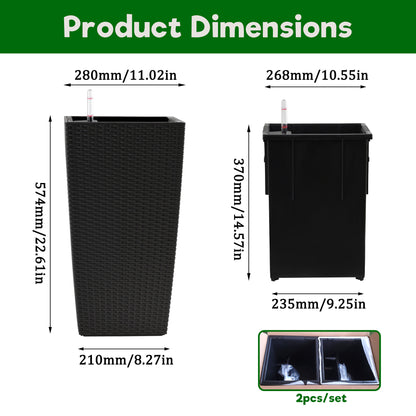 Pack of 2 Square Planter for Garden 22-Inch High Faux Rattan Design Flower Pot with Automatic Watering System for Porch, Patio, Backyard, Makes Keeping Flowers Easier image 7