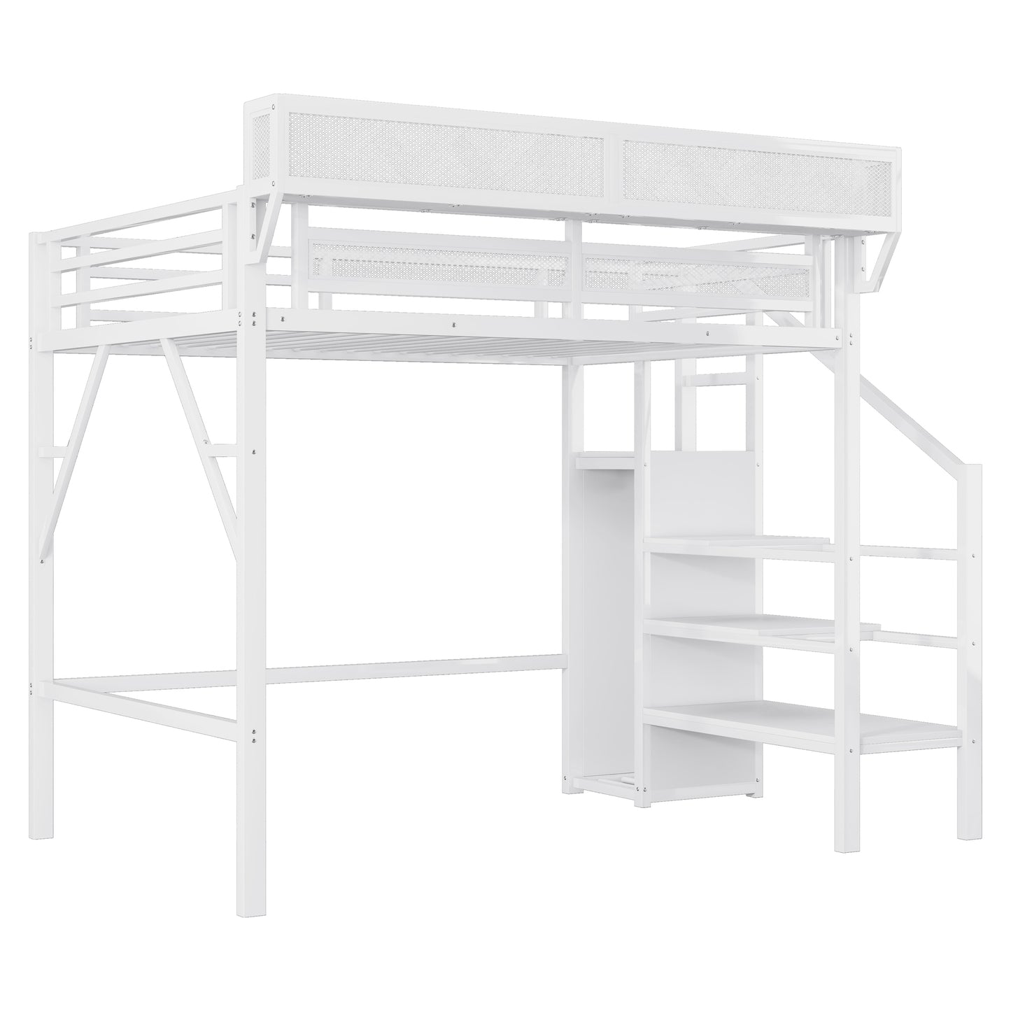 Twin XL Size Loft Bed with Stairs, Metal Full Loft Bed with Storage Shelves, High Loft Bed with Wardrobe for Kids Teens,White(Expect Arrival Date 2025/10/14) image 7