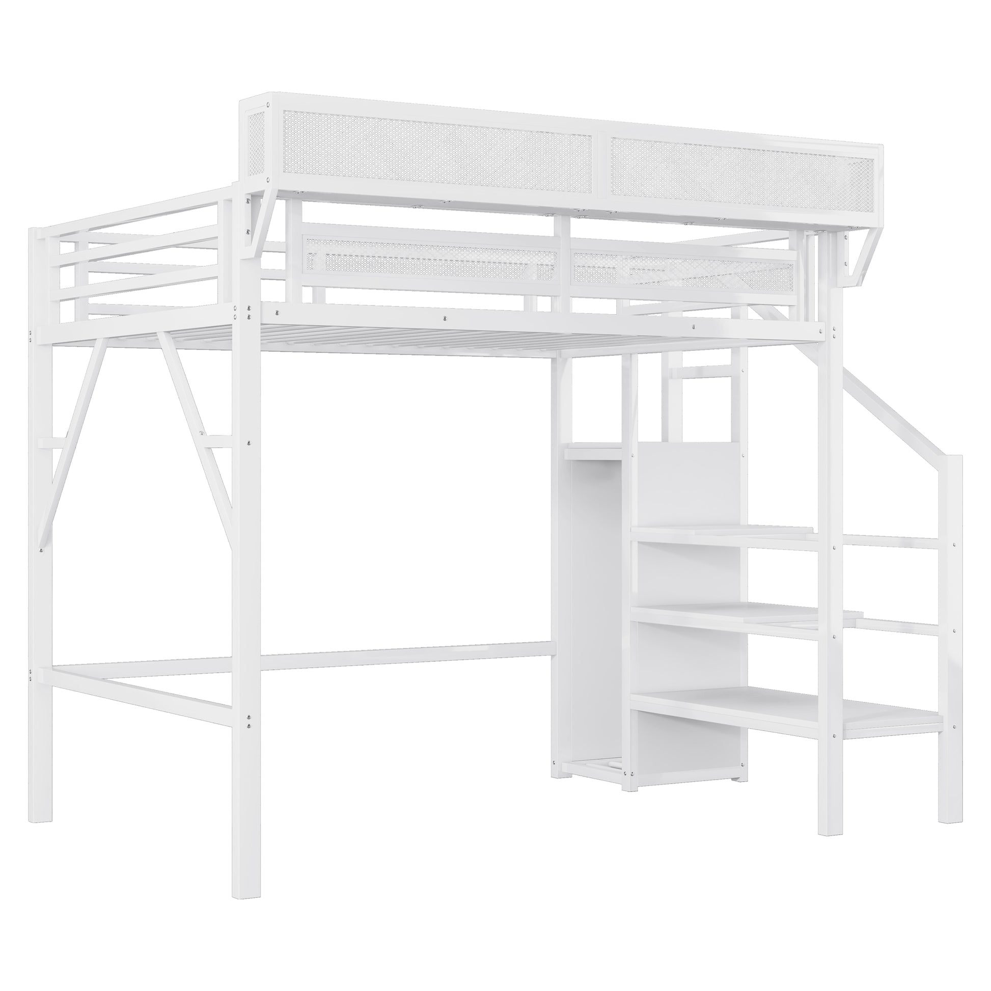 Twin XL Size Loft Bed with Stairs, Metal Full Loft Bed with Storage Shelves, High Loft Bed with Wardrobe for Kids Teens,White(Expect Arrival Date 2025/10/14) image 7