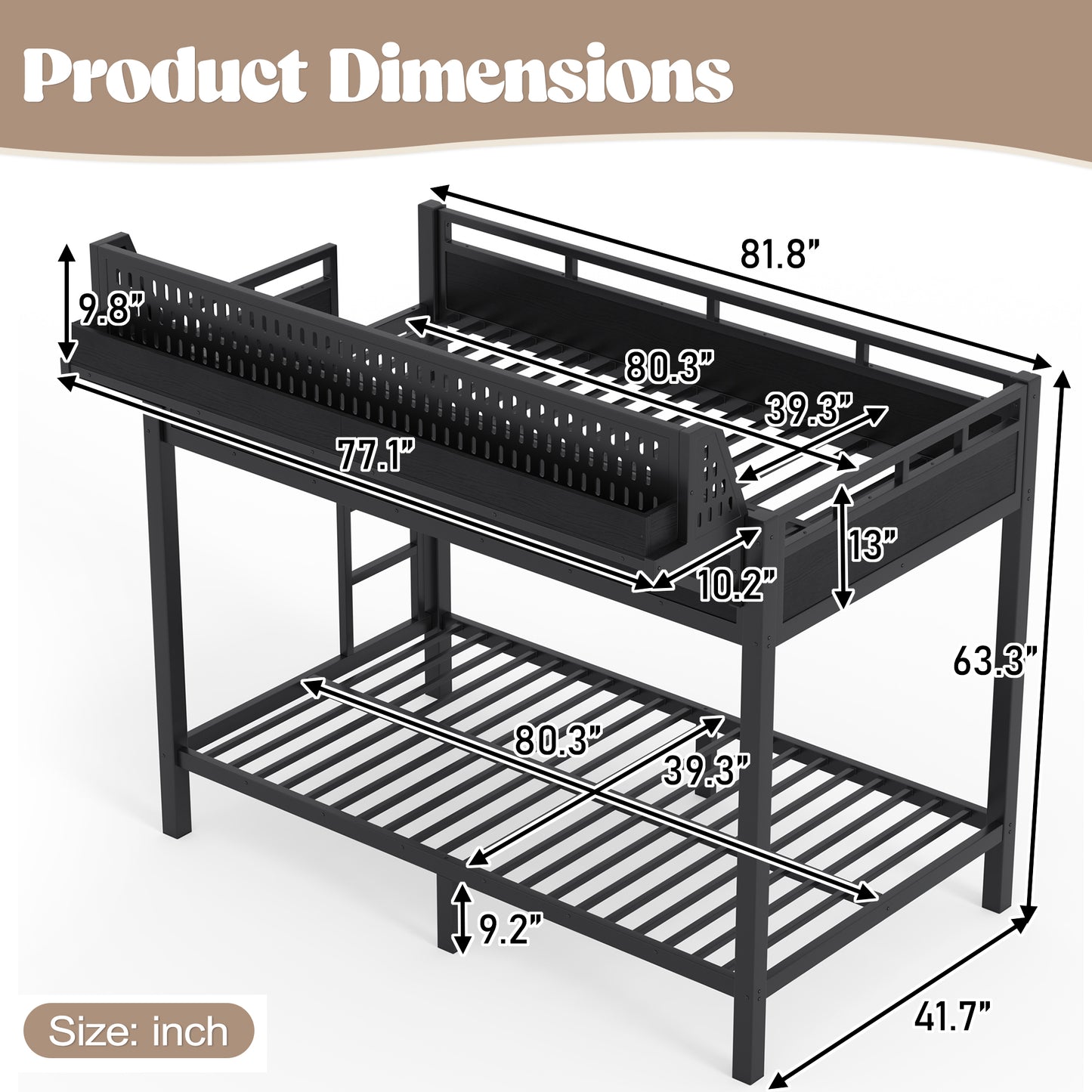 Twin XL over Twin XL Size Metal Bunk Bed with Storage Shelves and Pegboard, Bunk Bed Frame with USB Ports and LED Lights, Space-Saving, for Teens and Adults, Black image 7