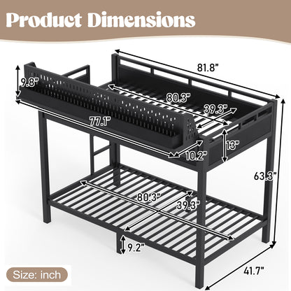 Twin XL over Twin XL Size Metal Bunk Bed with Storage Shelves and Pegboard, Bunk Bed Frame with USB Ports and LED Lights, Space-Saving, for Teens and Adults, Black image 7